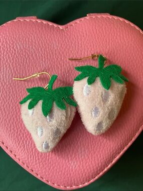Pink Strawberry Plush Dangle Earrings for Kids